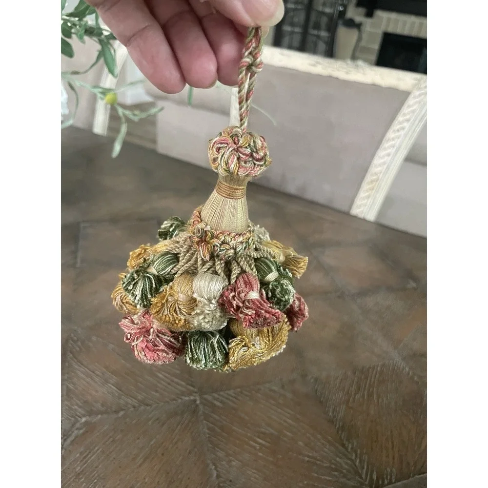 Vtg  French Double Tassel Furniture Key Fob Cotton Green Pink Gold Beige READ